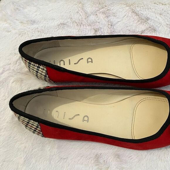 Unisa Classic Ballet Flats Red Suede Black Patent Leather Bow Plaid Back SZ 7.5 - Picture 6 of 6